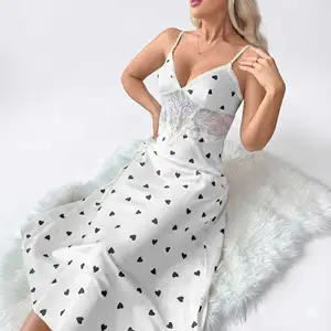 Women Elegant Floral Lace V-neck Cami Sleepwear Dress with Adjustable Spaghetti Straps