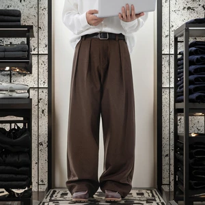 Autumn Style Men's Casual Denim Dress Pants Smooth Draped Pleated Japanese Retro Trendy Loose Straight Long Design Mid Solid