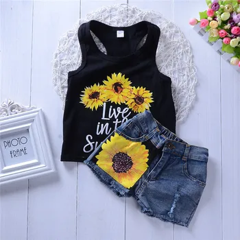 Summer Little Girls Clothing Sets Print Sunflower Vest Denim Shorts Kids Children Clothing Sets Clothes Girl Boutique