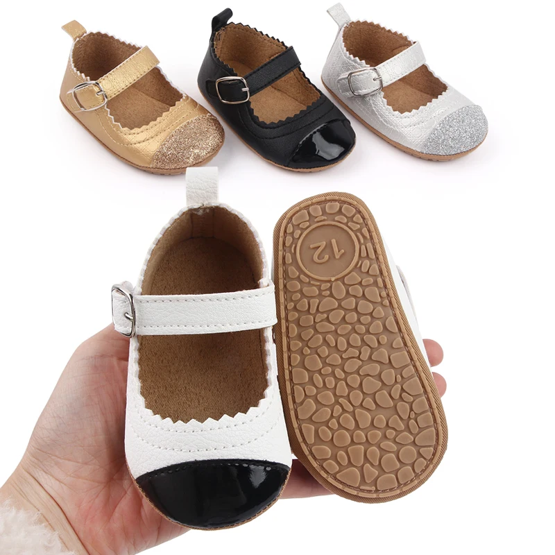 Shiny Glitter PU Leather Matching Color Solid Color Wavy Lace Princess Toddler Shoes for Baby Girls