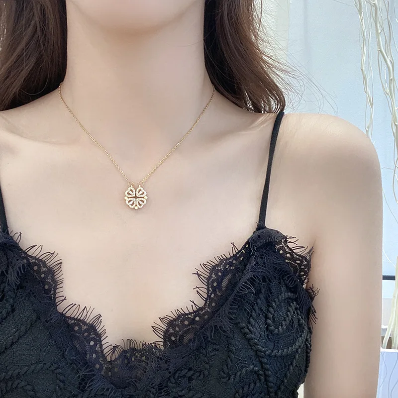Korea Two Wear Four-Leaf Clover Love Heart Pendant Necklace Stainless Steel Zircon Magnet Necklace for Girls Women Fashion