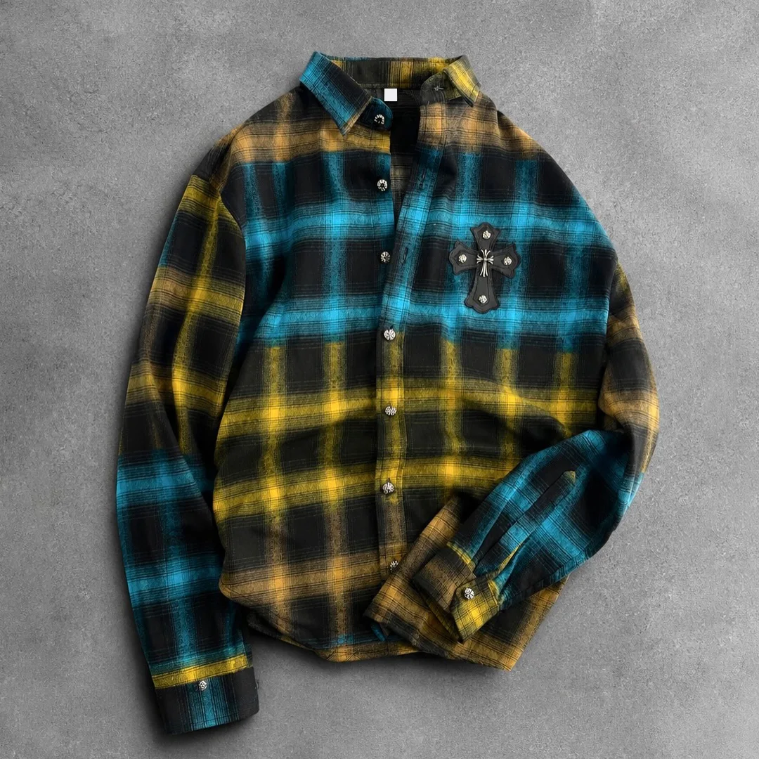 Męskie koszule w stylu vintage z gradientowym wzorem w odcieniach niebieskiego i żółtego, w kratkę, z 100% bawełny, z długimi rękawami, do streetwearu, producent