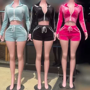 Viviblook Z407ST05 Women  Zipper Slim Fit Long Sleeved Crop Top Sport Coat Shorts Two-Piece Set Sexy Club Casual Wear