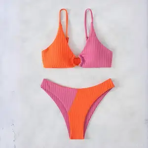 Two-piece Breathable Stretch Ribbed Color-blocked Micro Bikini for Beach