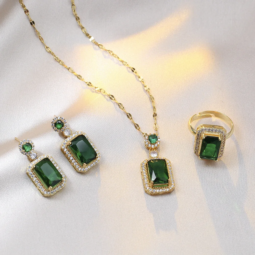 Wholesale Hot Sale Emerald Necklace Jewelry Set Women Stainless Steel  Necklace Earrings Rings Set Emerald Pendant Jewelry, image size:1000x1000