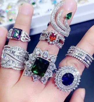 wholesale jewelry luxury women ring gemstone crystal stone silver zircon girls ring big colored diamond rhinestone rings