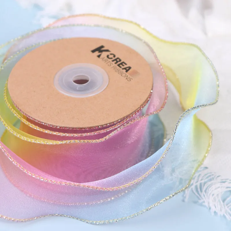 New Style 50MM Rainbow Gradient Color Golden Wired Edge Polyester Organza Ribbon