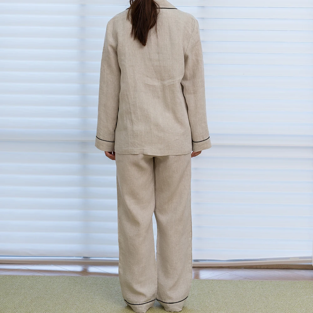 Organic 100% Linen Pyjama Set Classic Design Unisex for Men & Women Summer Sleepwear Piping ODM Family Pajama Gift Sets France