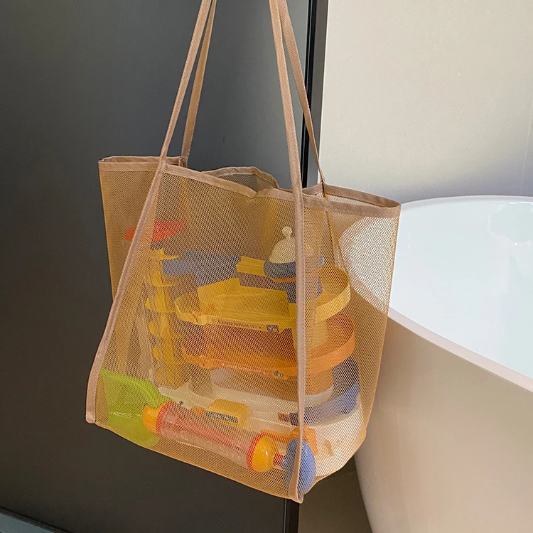 New Wholesale Plastic Polyester Beach Mesh Tote Bags Solid Color Women's One Shoulder Mesh Beach Bags