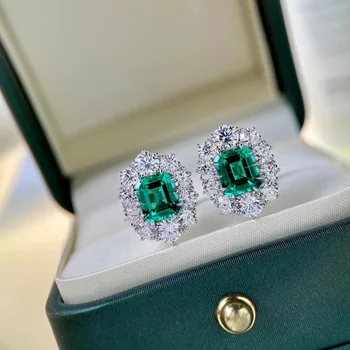 Aimgal fine jewelry 2.6ct cultivated emerald 925 silver chain with 5A high carbon diamond Luxury earrings