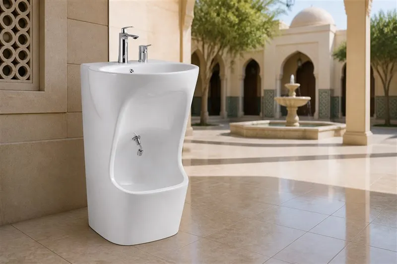 info-1-1 Curved white ceramic wudu basin in an outdoor ablution courtyard with a fountain