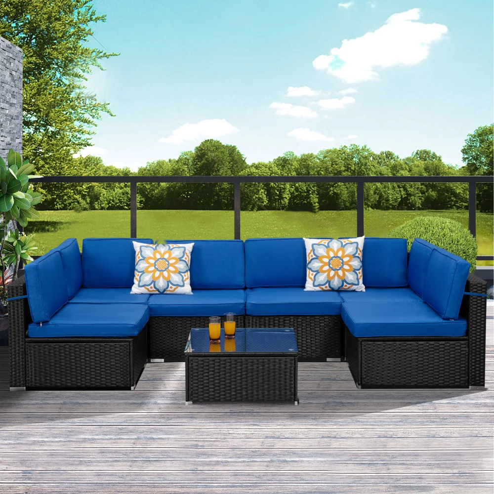 Modular 7 Piece Sectional Couch Rattan Navy Blue Black Outdoor Patio