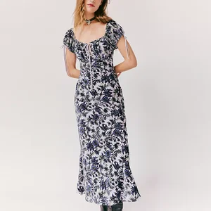Factory Wholesale square Neck Women Short Sleeve Midi Dress Custom Allover Floral Printed Summer Ladies Slim Fit Long Dresses