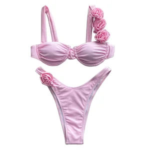 Rose Red Strapless Floral Bikini Set Super Hot Sexy Push-up Bra and Pant 2-Piece Patchwork Plain Dyed Spandex/Nylon Outfit