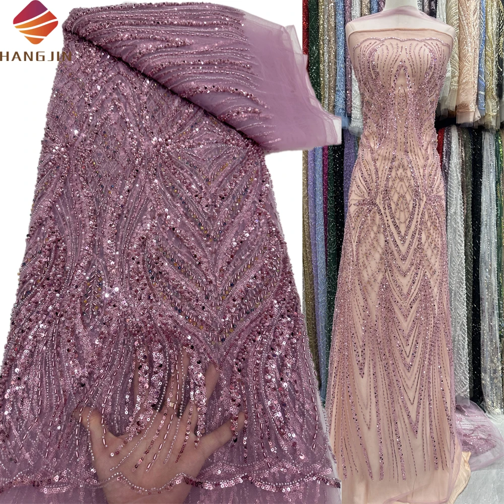 Latest Design Sequins Embroidery African French Tulle Lace Heavy Beaded Luxury 3D Lace Fabric With Sequence
