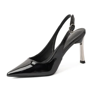 Classy Women's Black Patent Leather Comfortable Stiletto Heel Slip-On Pointed Toe Pumps with Metallic Heel Accent for Summer
