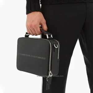 Custom Logo Black Saffinao Leather Men's Crossbody Sling Pack Shoulder Double Zip Messenger Bag for Men