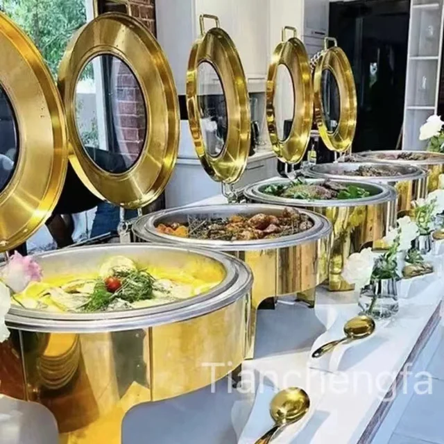 Commercial Wedding Party Gold Round Buffet Chefing Dish Restaurants Large Food Warmer Catering Chafing Dish With Glass Lid