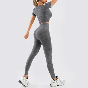 2026 Hot Women's Seamless Yoga Set High Waist Short Sleeve Crop Top Stretchy Gym Activewear with Chest Pad
