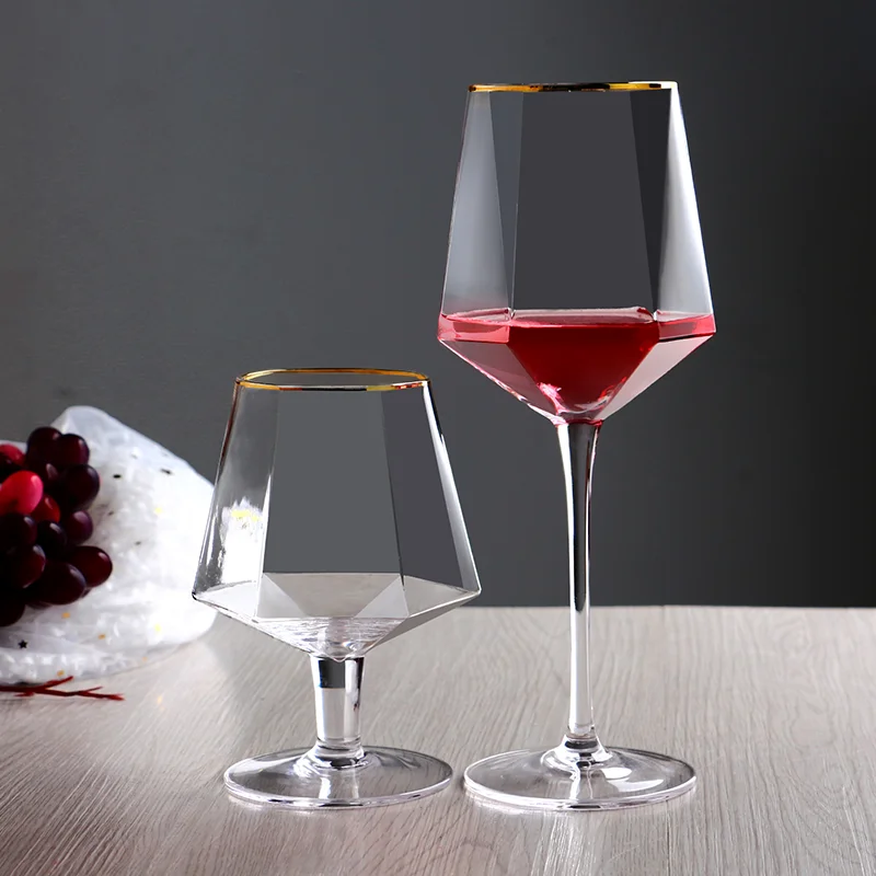 Wholesale Luxury Crystal Diamond Shaped Short Stem 14oz Custom logo Gold Rim Good Modern Brandy Goblet Red Wine Glass