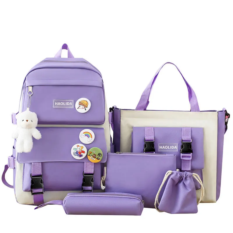 Large Capacity Cartoon Canvas Five Piece School Bag Set with Cosmetic Bag, cute cartoon canvas five piece school bag large - Temu main image 3