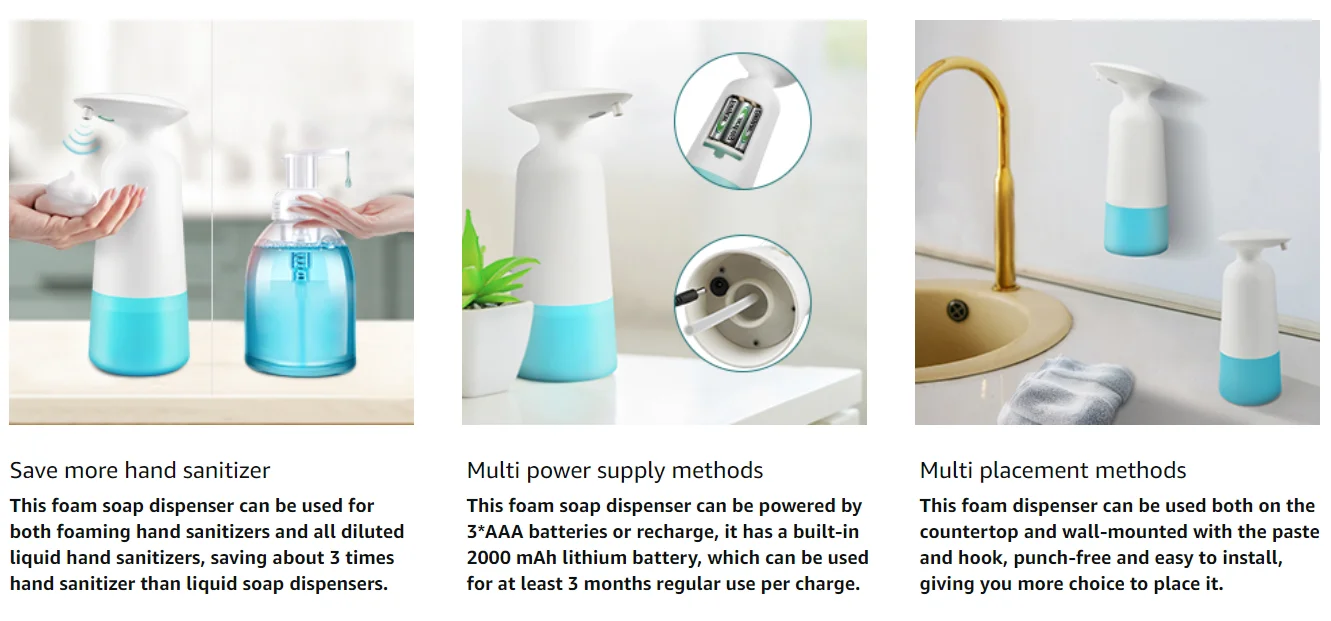 ABS auto touchless hand foam spray liquid automatic sanitizer soap dispenser with hook for Wall 350ml