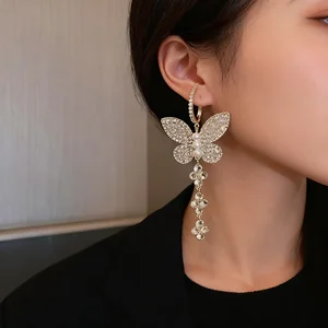 Women's Butterfly Long Drop Sparkly Earrings Elegant Tassel Earrings for Bridal Wedding Fashion Wholesale Custom Jewelry