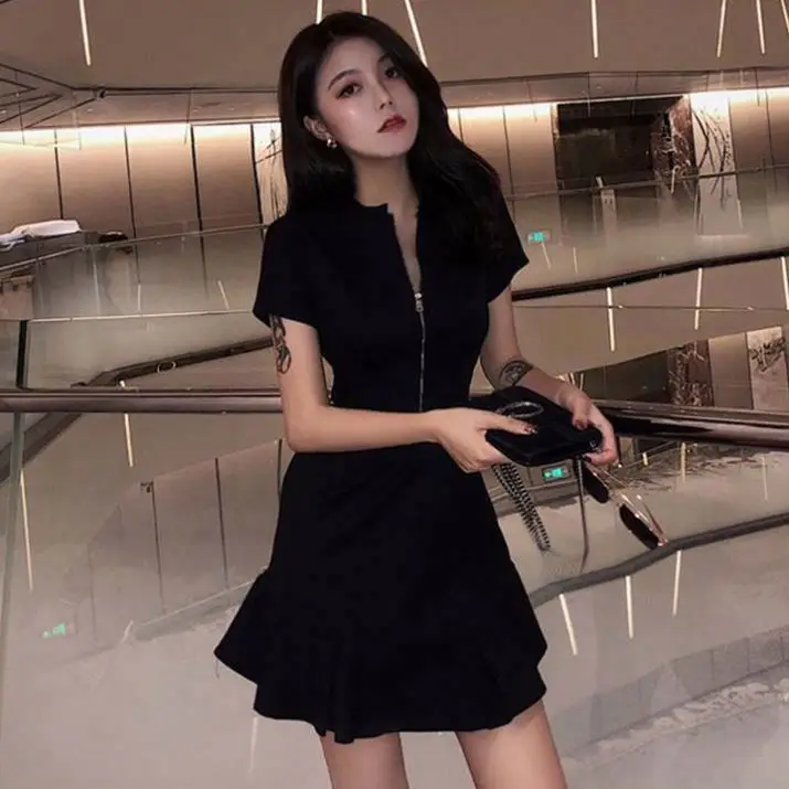 New Fashion Women Zipper O-neck Solid Color Ruffles Dresses Short Sleeve  Korean Special Design Sweet Black Slim Casual Dress| Alibaba.com