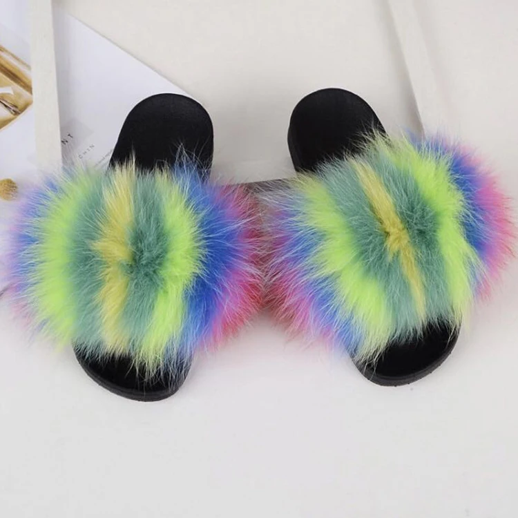 Jtfur Women Wholesale PVC Fur Slides Fluffy Colorful Fashion Ladies Plush Fox Fur Slippers