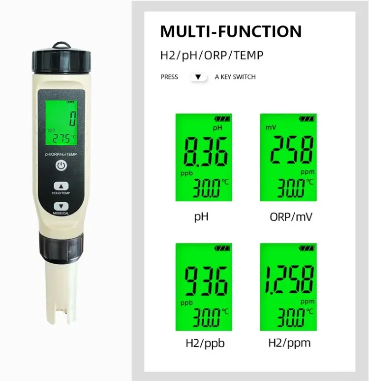 4 in 1 pH H2 ORP Temp Test Kit Hydrogen Water Ppb/ppm Meter Dissolved Hydrogen Test Pen for Hydrogen Water with ATC & Backlight