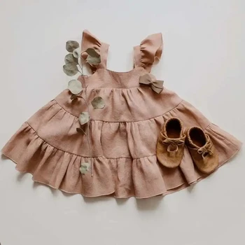 Children Kids Baby Girls Summer Party Dress Ruffles Sleeve Solid Cotton Linen Casual A-line Dress Clothes
