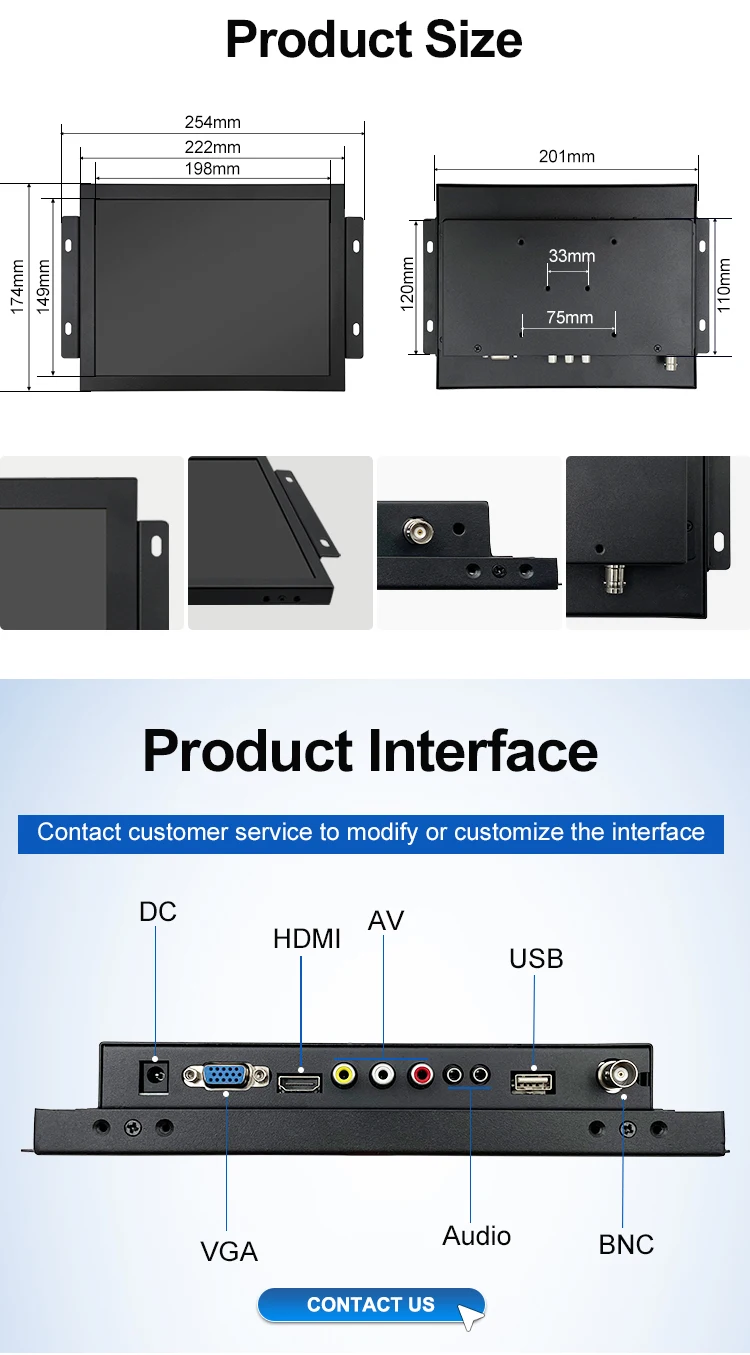 9.7" 9" 10" IPS Screen Mini Industrial Lcd Display Open Frame Embedded Metal case HMI Monitor