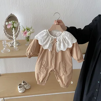 Spring and Autumn Cute Korean Style Princess Baby Jumpsuit for Baby Girls Cotton Outfit Long Sleeve Lace Collar Rompers