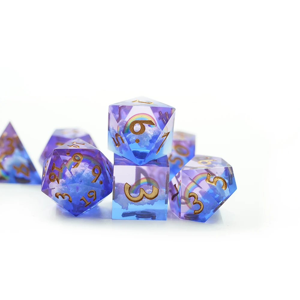 Rainbow and Clouds Resin DND Dice Set Core Sharp Edge DICE with Gold Number manufacture