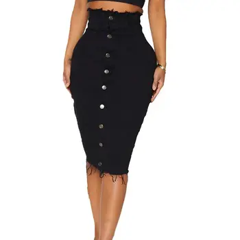 Shape black denim skirts button front seam detail frayed custom slim fit midi skirts