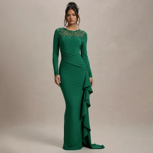 ZYHT 73946 Lady Women  Clothes Dark Green Floor Length Long Sleeves O Neck Flower Lace Bodycon Sexy Formal Casual Dress