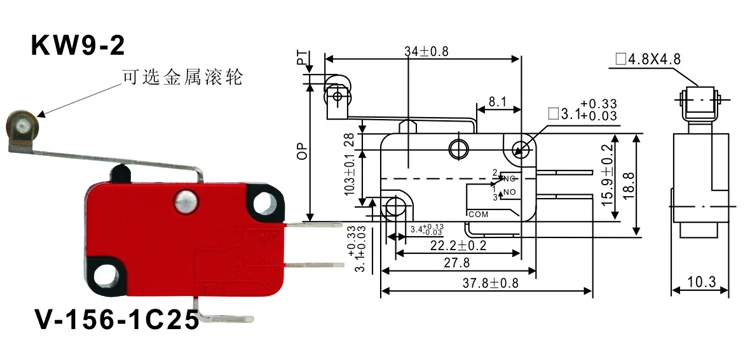 V-156-1C25 Micro Limit Switch With Long Hinge Roller – 2 Pack, AC/DC