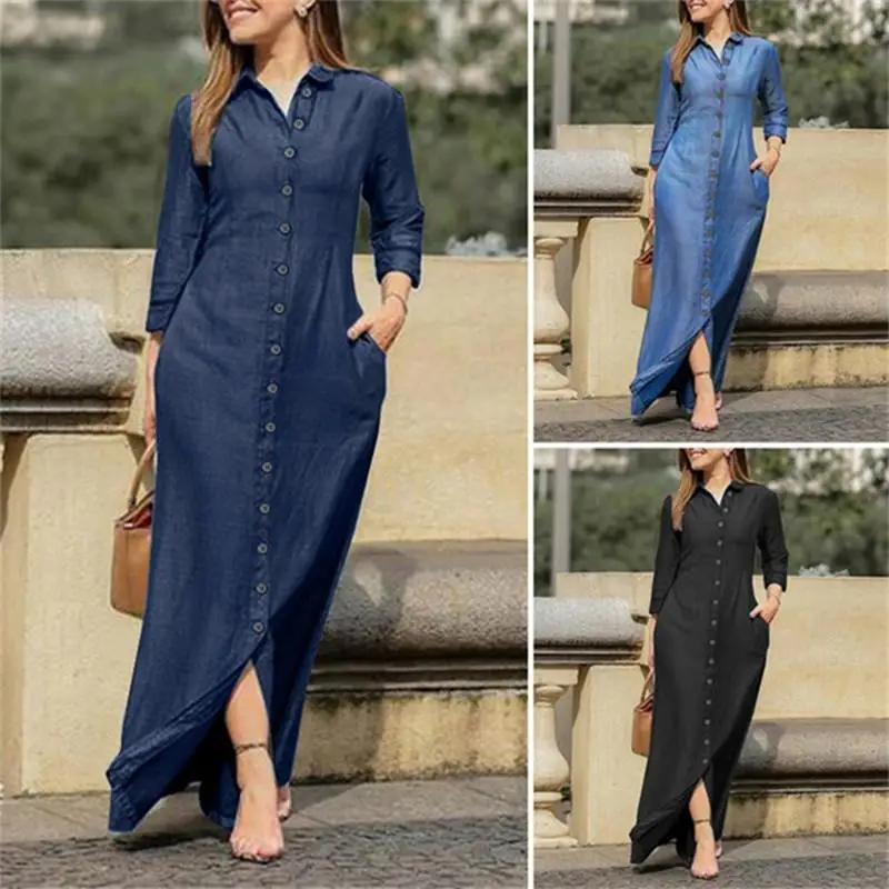 Br2664 S To 5xl Fashion Long Sleeve Solid Color Long Denim Dress Women ...