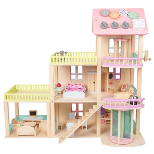 Children's Wooden Classic 3 Floors Pink DIY Elevator Princess Doll House Pretend Role Play Game Educational Gift Toys for Girls