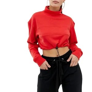 Missguided High Neck Drawstring Cropped Sweatshirt in Red Ladies Dropped Shoulders Tops