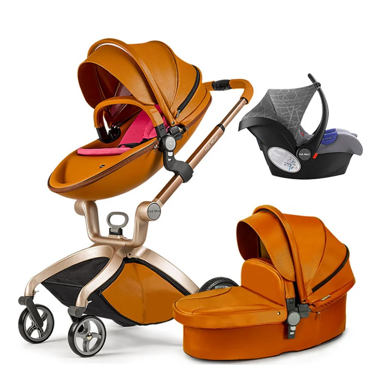 Leather Grid Hot Mom Stroller High Landscape Folding Chair Luxury Pram with Bassinet