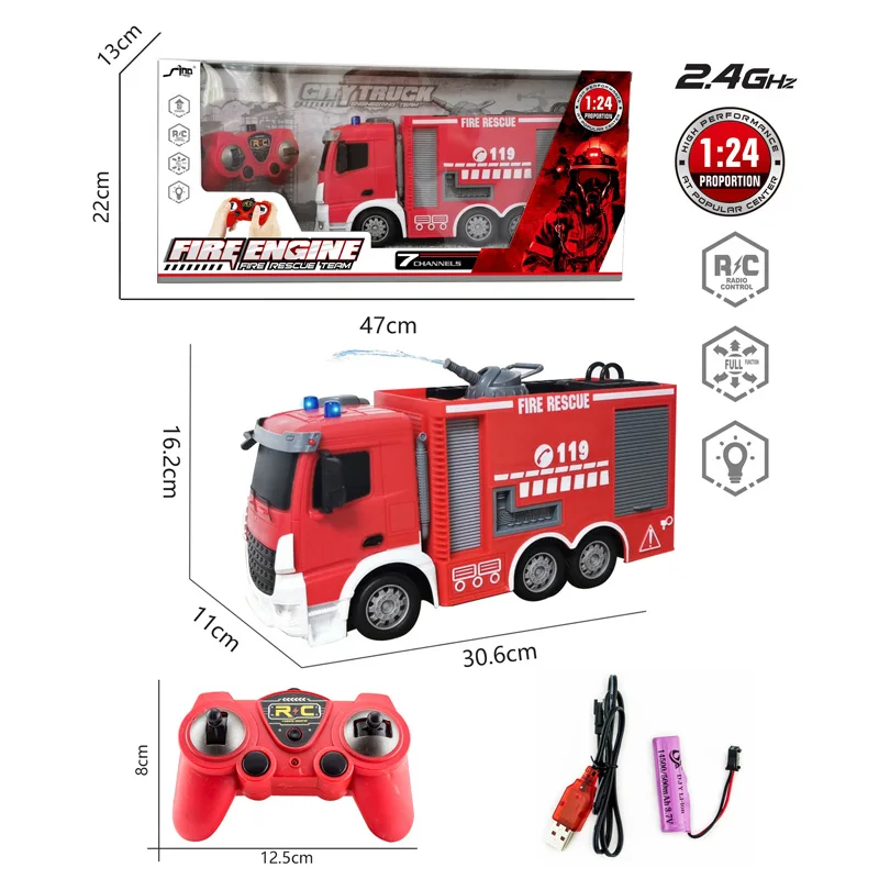 2.4GHz 1:24 Scale 7CH R/C Firefighter Truck Toy with Water Spray