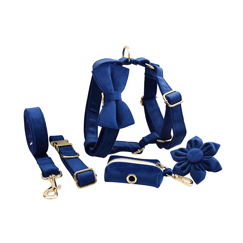 Personalized Design Dog Harness Matching Dog Collar Metal Buckle Leash Manufacturers Pet Bandana Bowknot Poop Bag Dispenser