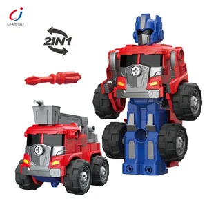 Chengji Diy Assembly Ladder Fire-truck Toy Kids Deformable Plastic Inertial Friction Toy Car Fire Truck with Light and Music