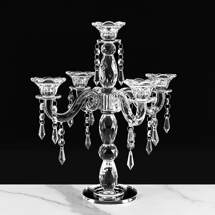 Brilhante Vidro Transparente de 5 Braços Candelabro de Cristal com Partes de Corrente Porta-Velos de Cristal Arranjos Centrais de Casamento