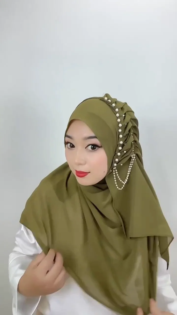 Women Mohammed Shawl Solid Bandana Color With Pleated Outfit Chiffon Pearl  Beading Satin Nude Malaysia Hijab Women Scarves - Buy Hot Nude Hijab, hijab  Accessories, spandex Polyester Hijab Scarf ...