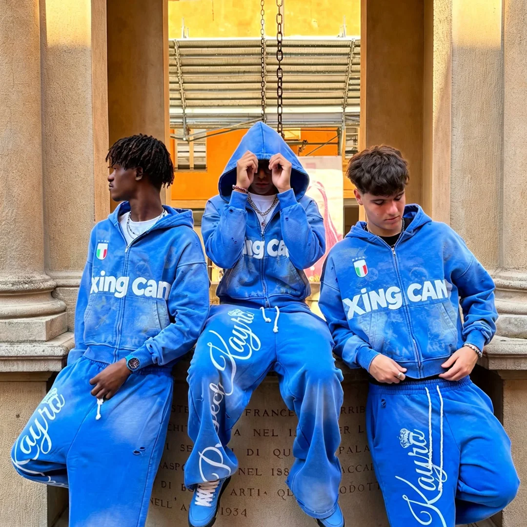 Mænds syrefærdigede, slidte tracksuit med DTG-tryk, patch-embroidery, hip hop og high street-stil – til brug for brugerdefineret grossisthandel – 100 % bomuld
