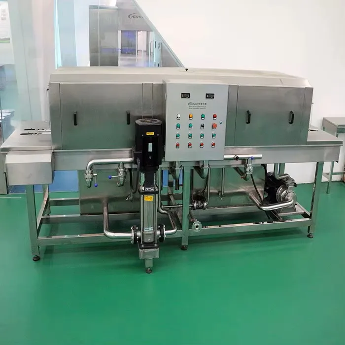 Automatic stainless steel crate cleaning machines for slaughterhouses and food processing plants