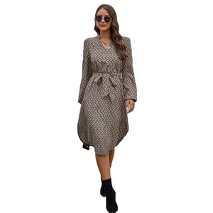 2023 Autumn and Winter New European and American Women's Dress  Hot Print Long-sleeved Strapping Dress Winter Casual Dress