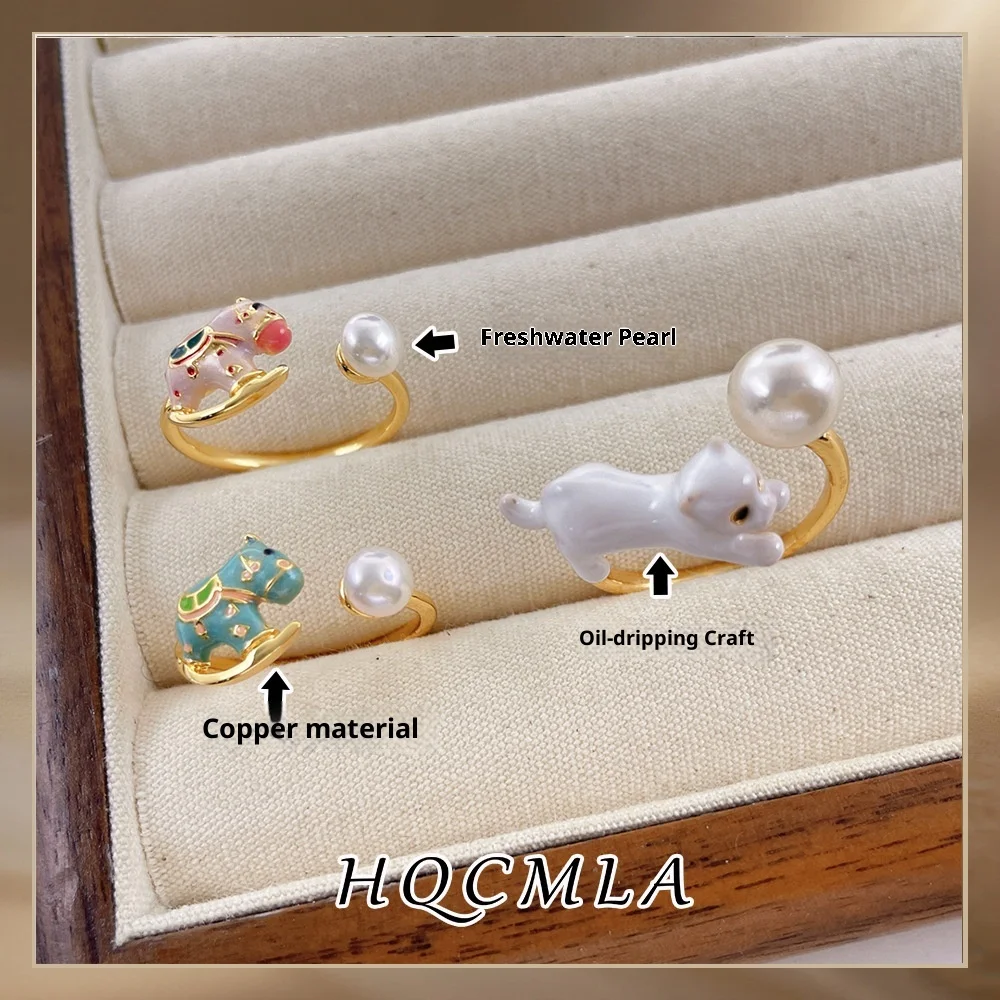 Carousel Handmade Brass Finger Bone Ring Fresh Water Pearl Oil Ring Drop Sweet Cute Kitten Trending Jewelry Ring